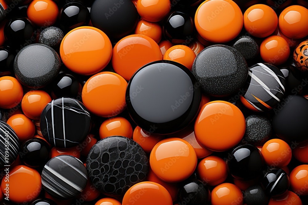 Poster a bunch of balls that are in the shape of a bunch of oranges and blacks on top of each other.