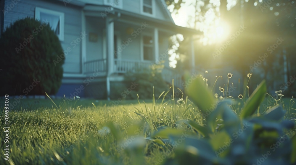 Poster sunlight shines brightly on the grass in front of a house. this image can be used to depict a sunny 