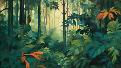 Fototapeta na wymiar Painting of a green and beautiful jungle full of wonders
