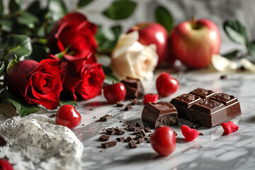 valentine's day flowers, hearts, chocolate on brown background, side view, mockup