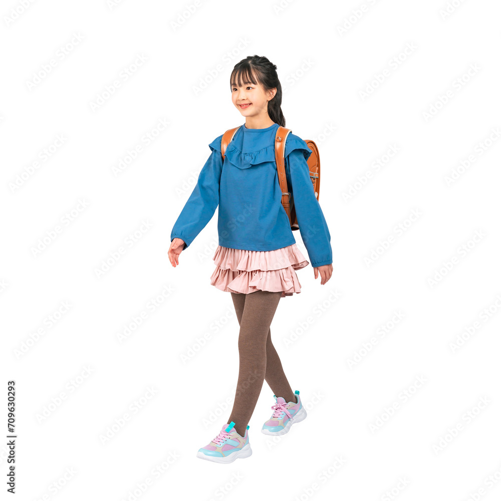 Aufkleber ランドセルを背負って歩く女子小学生　手作業で精密に切り抜いた背景透過写真png