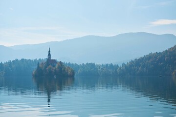 lake bled , view on island with a church