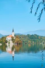 lake bled , view on island with a church