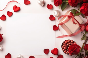 valentine's day flowers, hearts, chocolate on marble white background, top view, mockup