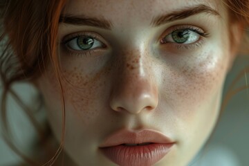 A close-up view of a woman's face with freckles. This image can be used to represent natural beauty or skincare concepts