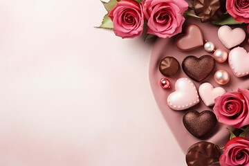 valentine's day flowers, hearts, chocolate on marble white background, top view, mockup