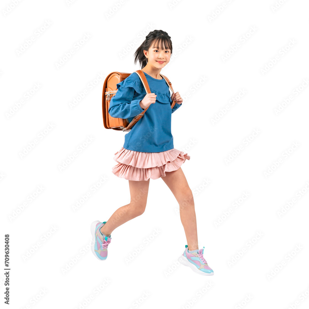 Aufkleber ランドセルを背負ってジャンプする女子小学生　手作業で精密に切り抜いた背景透過写真png