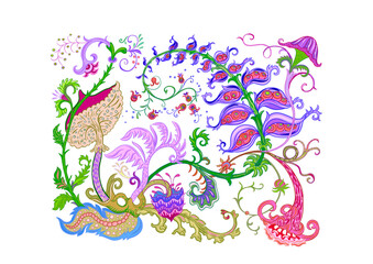 Fantasy, alien hypnotic flowers, decorative flowers and leaves. Cartoon style. Millefleurs trendy floral design. Clip art, set of elements for design Outline hand drawing vector illustration.