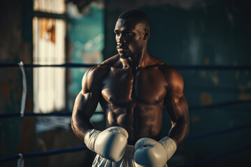 Fototapeta na wymiar Confident, Muscular Boxer In White Gloves Prepares To Enter The Ring