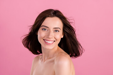 Photo of aesthetic pretty girl smiling blow hair enjoy freshness hydration on using shampoo...
