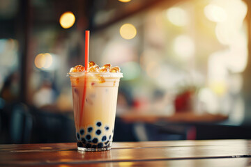 Detailed Shot Of Refreshing Taiwanese Milk Bubble Tea On Wooden Coffee Shop Table