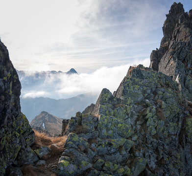 Widok na Tatry Wysokie ze szlaku po Orlej Perci.