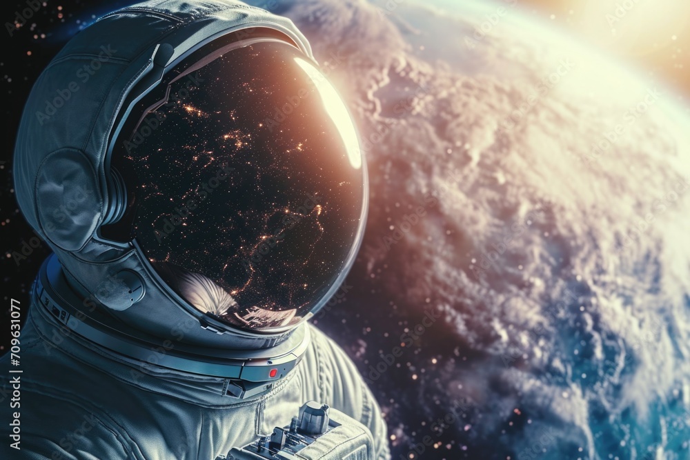 Aufkleber Astronaut in a space suit standing in front of a planet. Suitable for science fiction and space exploration concepts