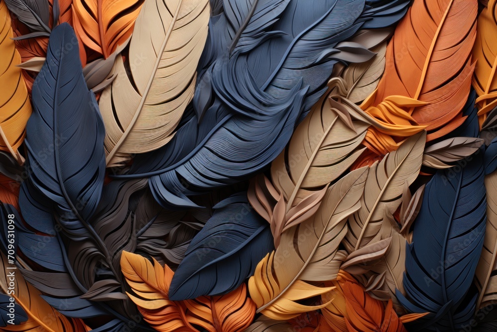 Poster a close up of a bunch of different colored feathers on top of each other with a black phone in the m