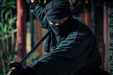Skilled Japanese Ninja Warrior Strikes Pose, Donning Black Attire