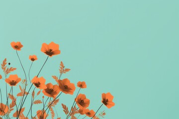  a bunch of orange flowers in front of a light blue background with a small black bird sitting on top of one of the flowers.