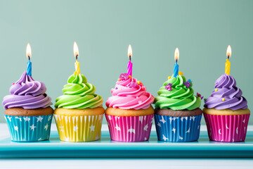 birthday cupcake with candles. Chocolate cupcake covered with buttercream frosting and multi-colored sprinkles. Birthday small Cupcake with sugar icing decoration and feathers on pink background. 