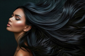 Exquisite Asian Indian Woman Flaunting Her Lustrous Hair, Ideal For Hair Product Campaigns. Сoncept Hair Care Tips For All Hair Types, Trendy Hairstyles For Summer, Natural Haircare Remedies - obrazy, fototapety, plakaty