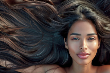 Exquisite Asian Indian Woman Displaying Her Lustrous Locks, Ideal For Hair Product Campaigns