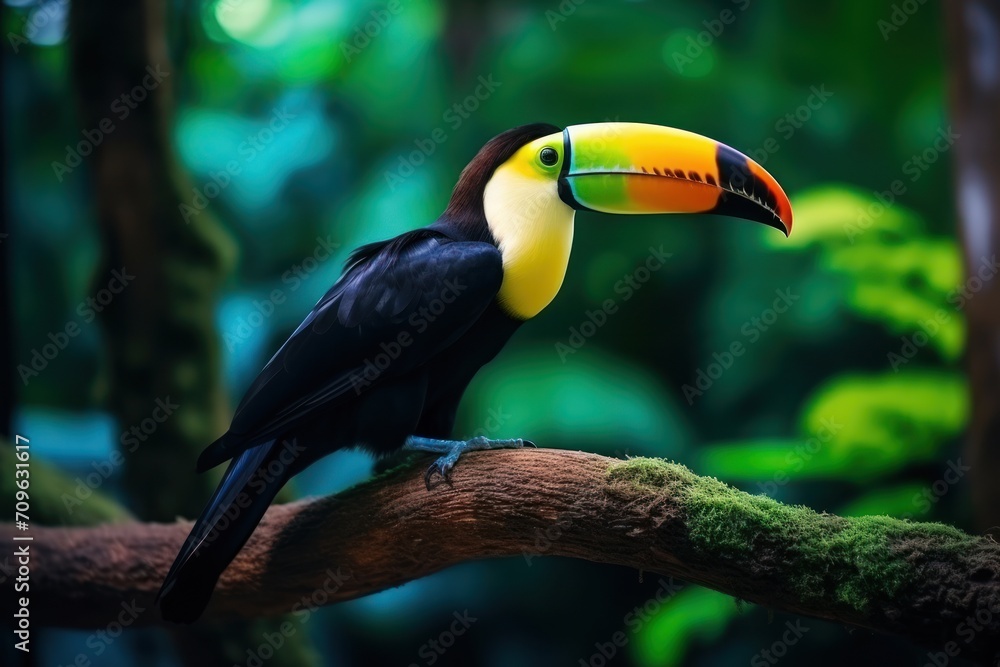 Poster a colorful toucan perched on a branch in a tropical forest with lots of trees and greenery in the ba