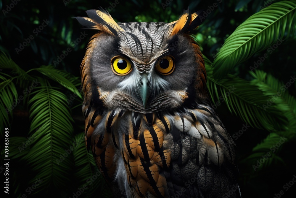 Poster a close up of a bird of prey on a branch of a tree with a lot of leaves in the background.