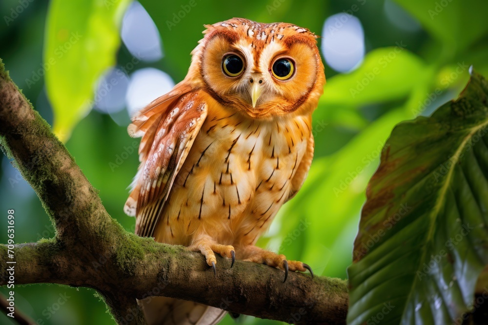 Poster a close up of a small owl on a tree branch with leaves in the background and a blurry background.