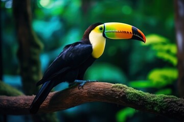  a colorful toucan perched on a branch in a tropical forest with lots of trees and greenery in the background.