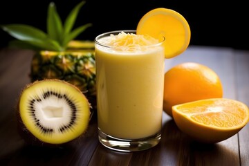  a smoothie in a glass next to sliced oranges and a pineapple on a wooden table with a pineapple in the background.