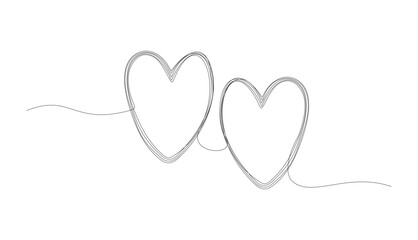 Continuous one line drawing of two hearts. Black single line art isolated on white background. Minimalist illustration of love concept. Abstract love symbol for Valentines day. Vector illustration.