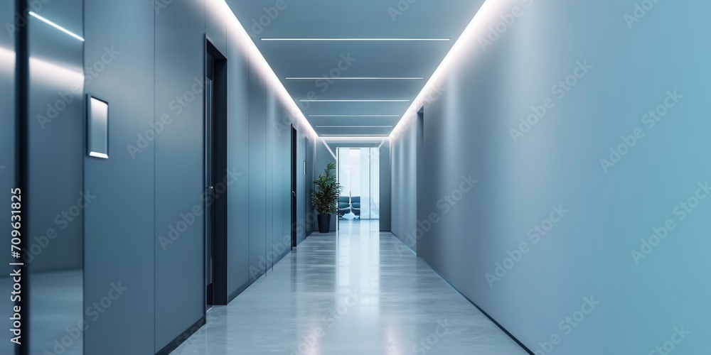 Poster a long hallway with a plant in the middle. suitable for interior design and architecture projects