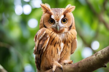  a close up of an owl on a tree branch with a blurry background of trees and leaves in the background.