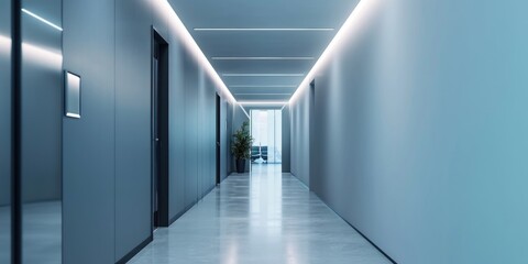 A long hallway with a plant in the middle. Suitable for interior design and architecture projects