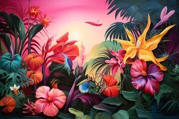  a painting of a tropical scene with flowers and a bird flying over the top of the flowers and the sun in the background.