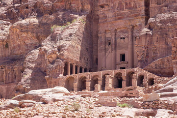 Jordan Petra. Petra - Capital of Nabataean Kingdom. Ancient temples and tombs carved into colored...