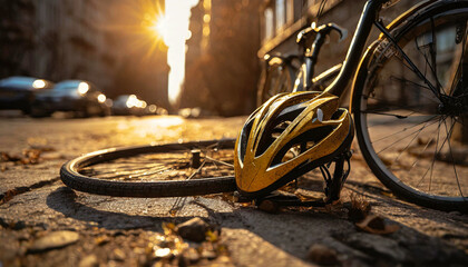 Closeup of a helmet and bicycle lying on the road after an accident. Generative Ai. - obrazy, fototapety, plakaty