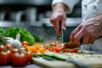 Obraz na płótnie Canvas Chefs Hands Skillfully Slice Fresh Vegetables In Highend Restaurant Kitchen