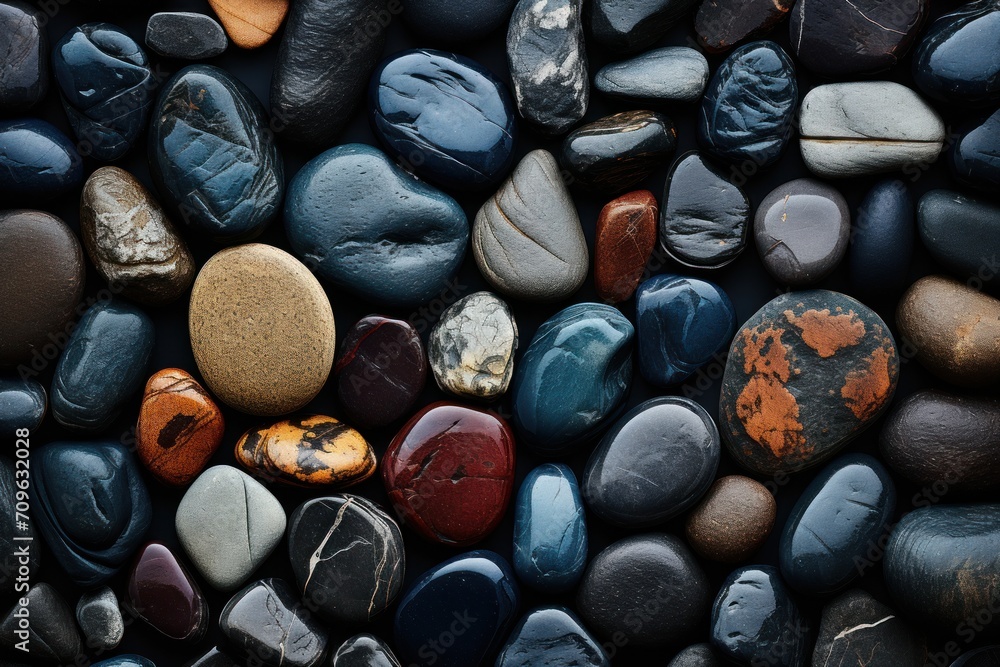 Poster a close up of a bunch of rocks with different colors and sizes of rocks on top of eachother.
