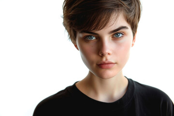 High-Quality Portrait Of A Self-Assured Tomboy Girl With Short Hair, Isolated On A White Background, Maintaining Eye Contact With The Camera - Perfect For Advertising