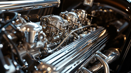 A detailed close-up of a classic cars engine showing the intricate mechanical parts and polished metal. - obrazy, fototapety, plakaty