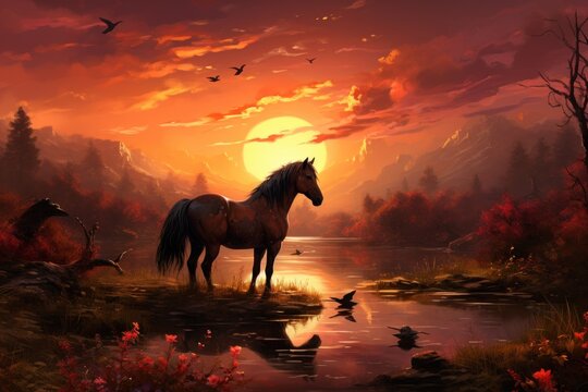  a painting of a horse standing in front of a lake with birds flying in the sky and a sunset in the background.