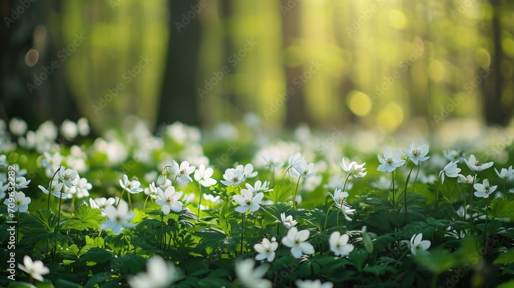 Poster a field of white flowers surrounded by trees in a forest. suitable for nature-themed designs and out