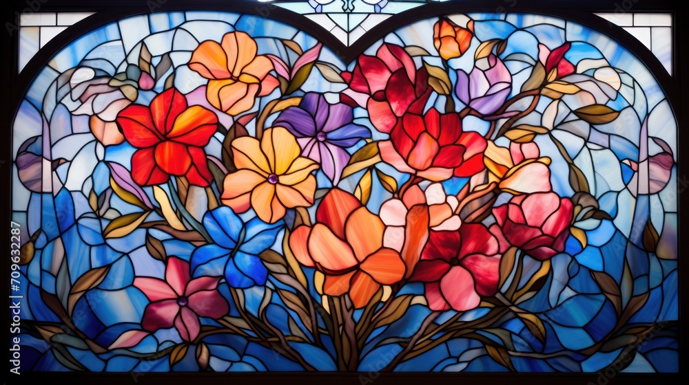 Poster a close up of a stained glass window with a bouquet of flowers in the middle of the frame and a hear