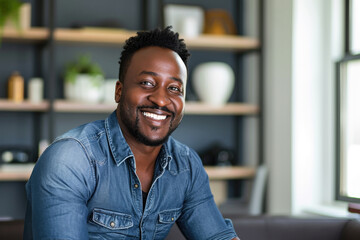 Obraz premium Radiant Headshot Of African American Man Exuding Confidence In Home Office Setting