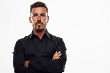 Confident Businessman In Black Shirt With Arms Folded, Gazing At Camera Against White Backdrop Perfect For Advertising