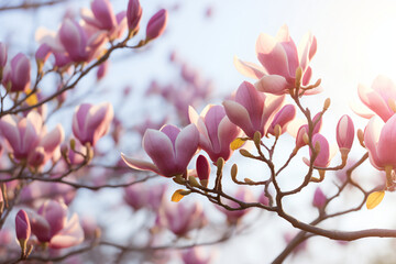 Magnolia blossoms against a blue sky, in the style of light pink and violet, backlight, wimmelbilder, selective focus, large canvas format

