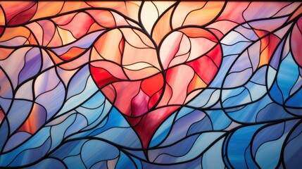  a close up of a stained glass window with a red heart in the middle of the window and a blue sky in the background.
