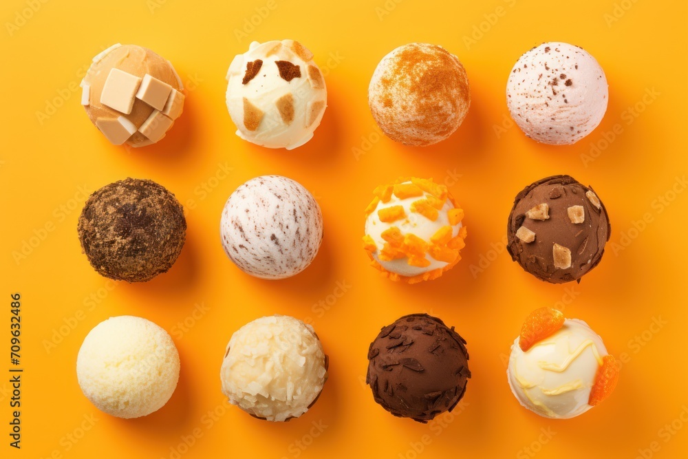 Poster a bunch of different types of doughnuts on a yellow background with a bite taken out of one of the d