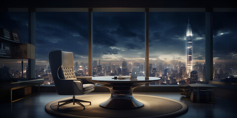  Office interior with panoramic window and city view.  Luxury Business Background. - obrazy, fototapety, plakaty