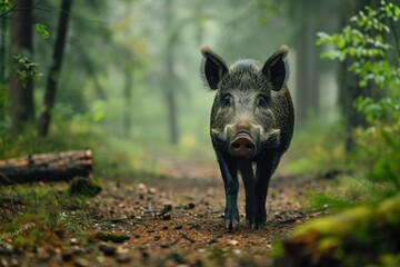 Lonely wild boar walks in forest.