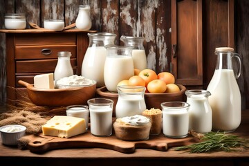 Fototapeta na wymiar Dairy products standing on a wooden table on a background of old furniture. Still-life with natural healthful food